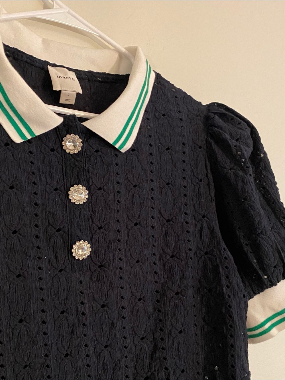 Maeve Knit Navy Polo Top with White & Green Trim and Crystal Buttons - Picture 2 of 11